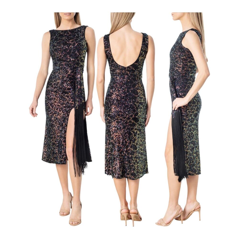 Dress the Population Karlie Sequin Tie Waist Fringe‎ Dress Size XS New